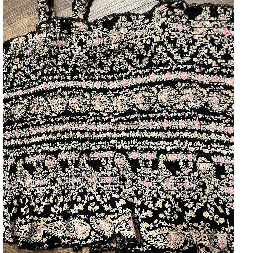 Patrons of Peace Smocked Black Floral Crop Top Boho Coquette Festival M Indie - Picture 7 of 8
